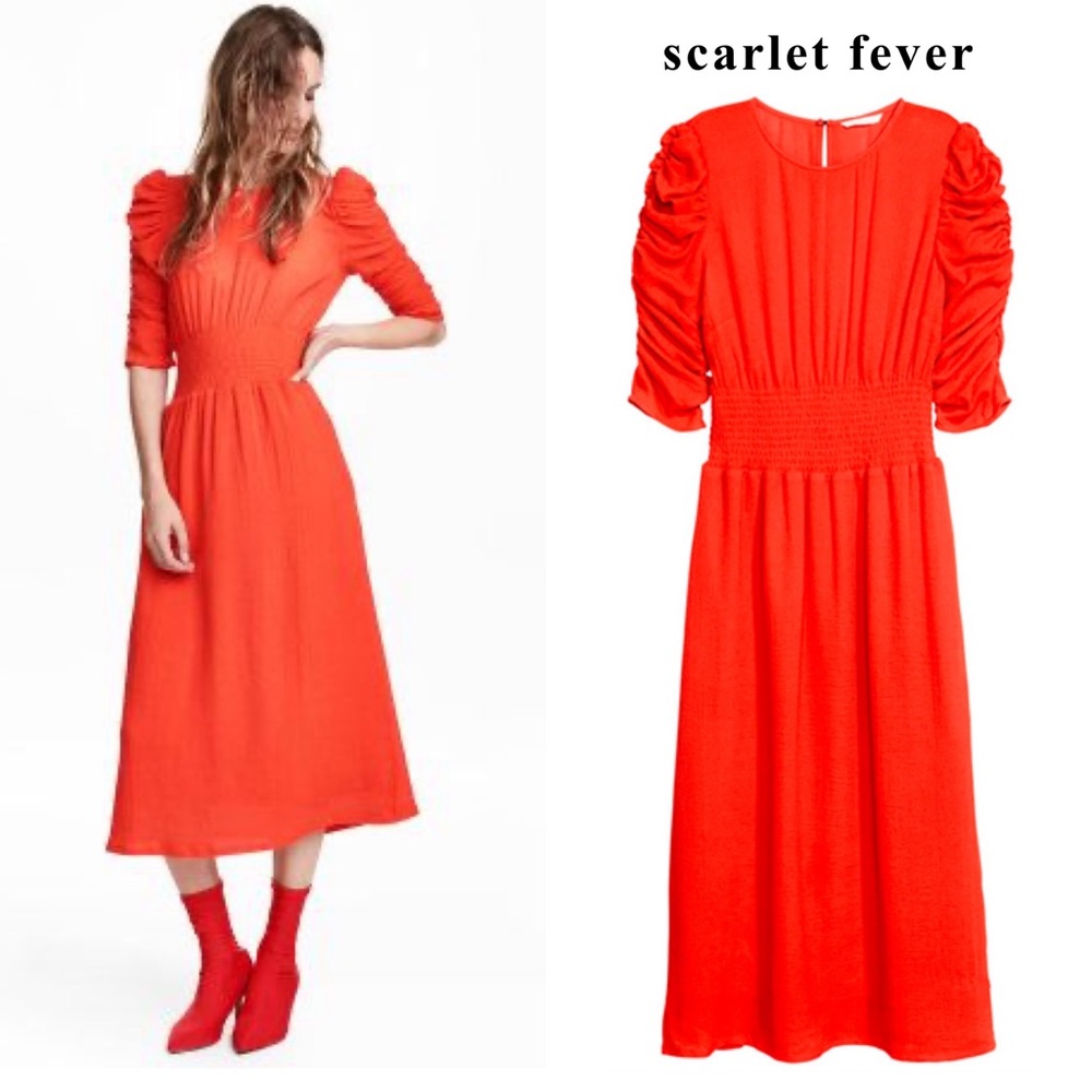 H&M Puff Sleeve Midi Dress Gathered Waist